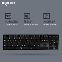 愛國者(aigo) V500曜石黑鍵盤 有線鍵盤 靜音鍵盤 105鍵PC麥拉面板筆記本電腦一體機全尺寸USB接口 曜石黑